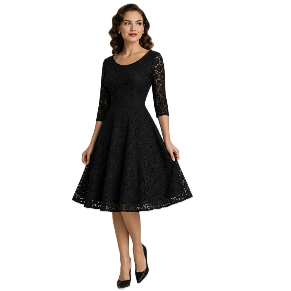 Vintage 1950s Black Lace Party Dress Slip Set Fit & Flare Metal Zip Small -